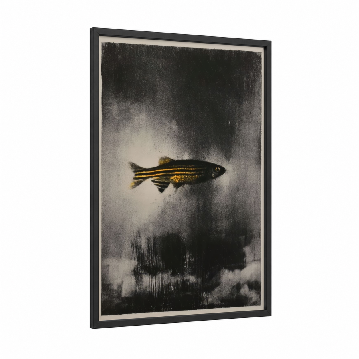 Golden Zebrafish framed art print — black wood frame — gray and gold palette