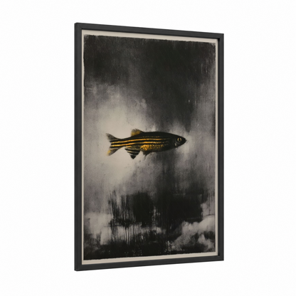 Golden Zebrafish framed art print — black wood frame — gray and gold palette