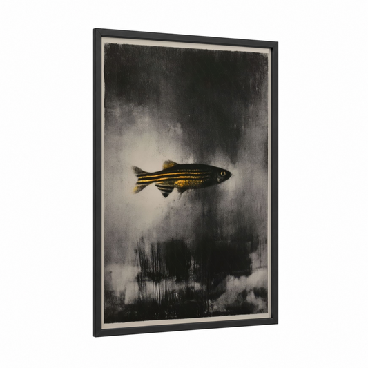 Golden Zebrafish framed art print — black wood frame — gray and gold palette