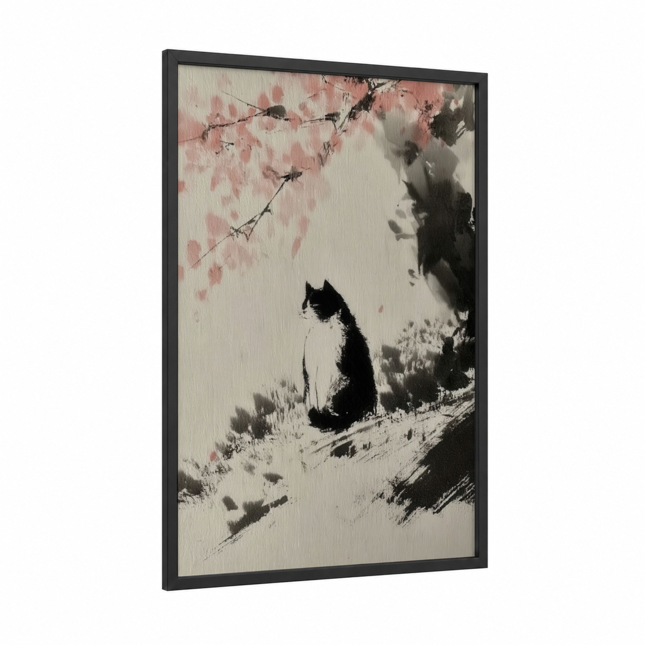 Contemplative Cherry Cat framed art print — black wood frame — black and white and salmon pink palette