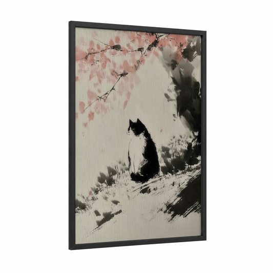 Contemplative Cherry Cat framed art print — black wood frame — black and white and salmon pink palette