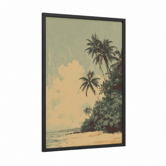 Tropical Beach Haven framed palm forest print — black wood frame — cream and sage green palette