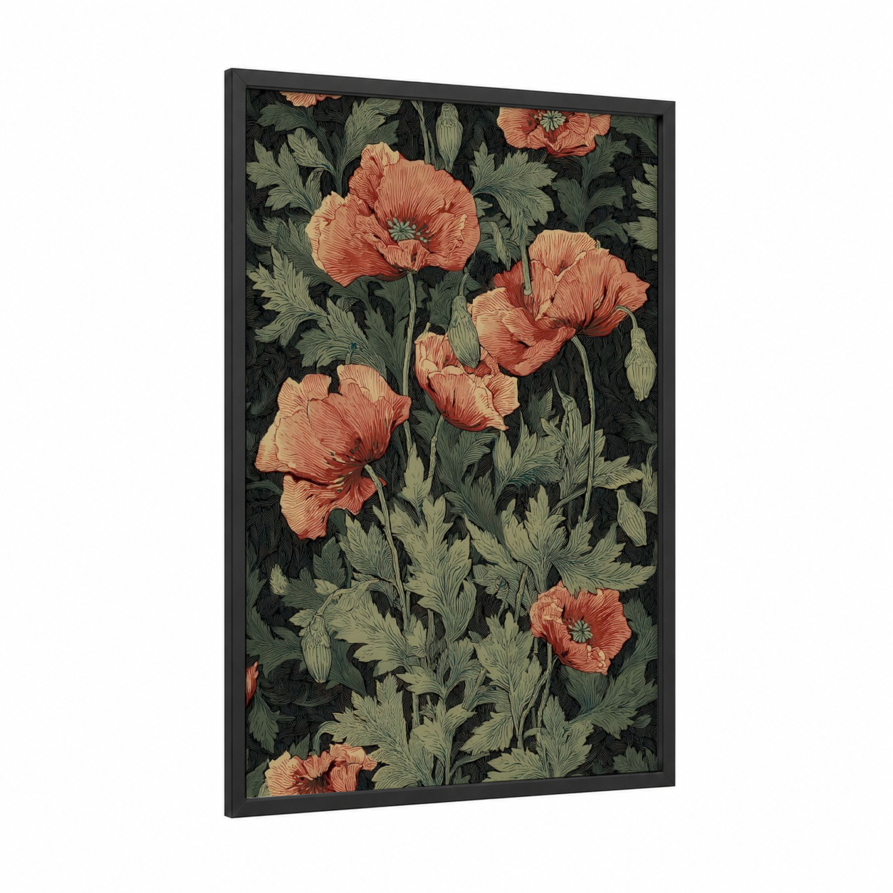 Coral Poppies framed art print — black wood frame — peach and dark green palette