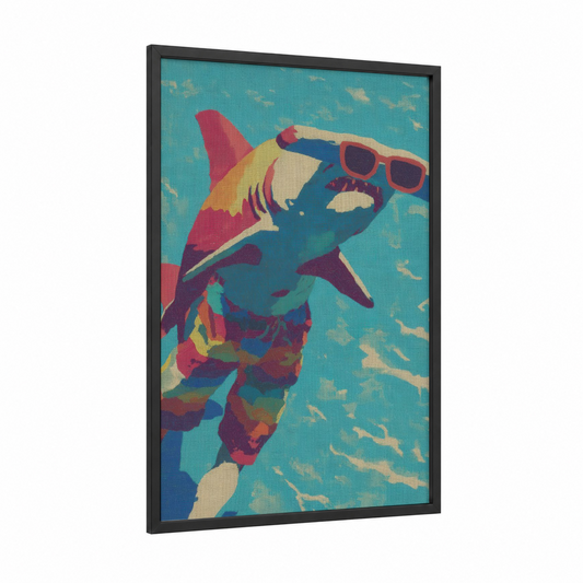Cool Hammerhead framed hammerhead shark print — black wood frame — teal and gold and pink palette
