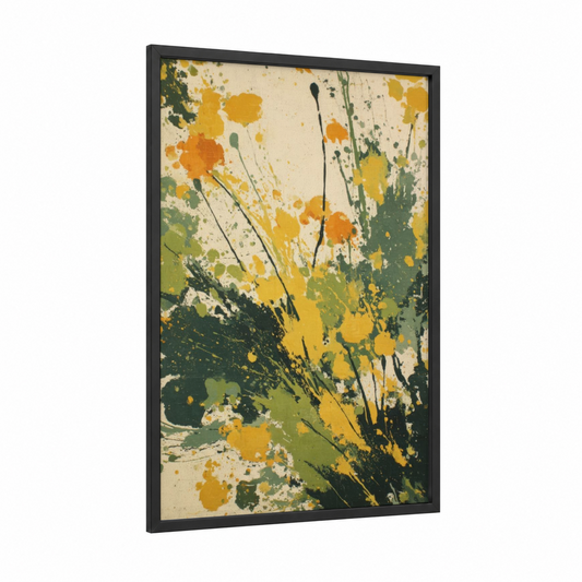 Golden Sunflower Splash framed sunflower field print — black wood frame — yellow gold and green palette