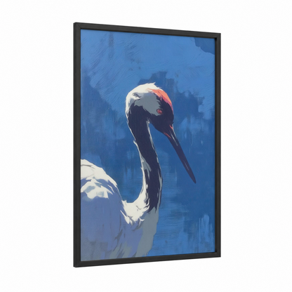 Crowned Crane Profile framed art print — black wood frame — blue and white palette