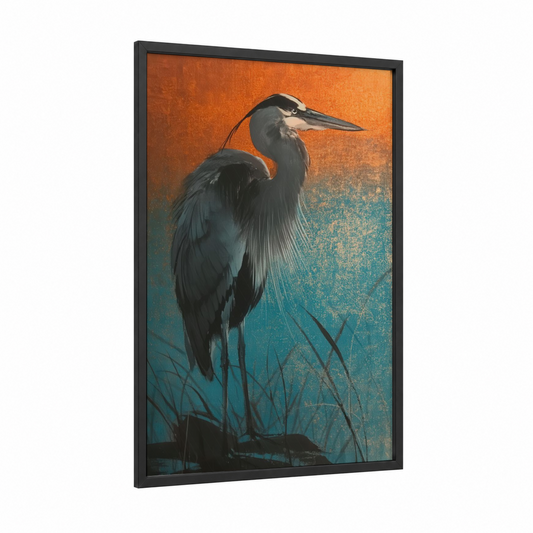 Amber Heron framed art print — black wood frame — orange and teal palette