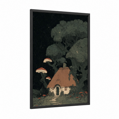 Enchanted Cottage Night framed art print — black wood frame — black and sage green palette