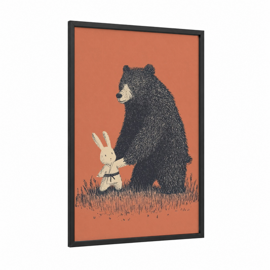 Bear Judo Partner framed art print — black wood frame — peach and black and white palette