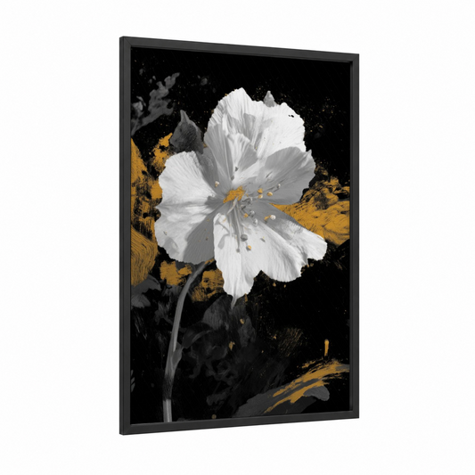 Luminous Bloom framed abstract flower print — black wood frame — white and black and gold palette