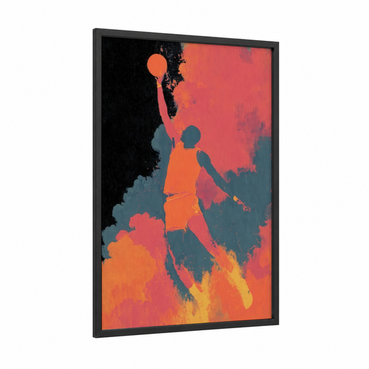 Basketball Slam Dunk framed art for boy print — black wood frame — orange and teal palette