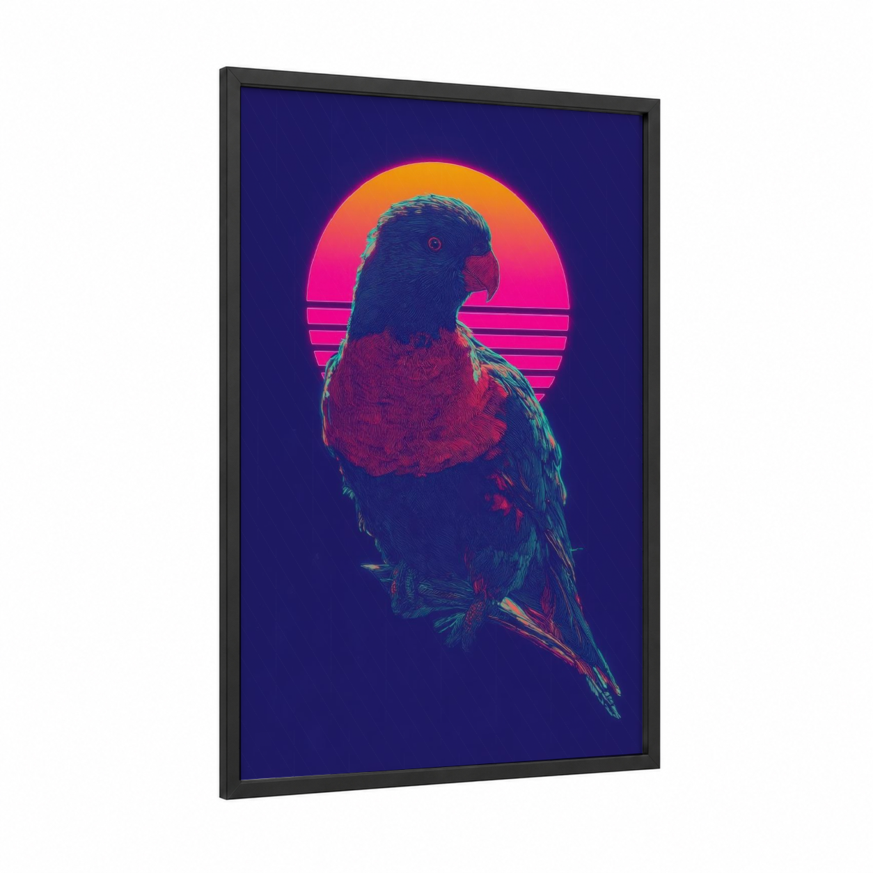 Neon Lorikeet framed rainbow lorikeet print — black wood frame — magenta and royal blue palette