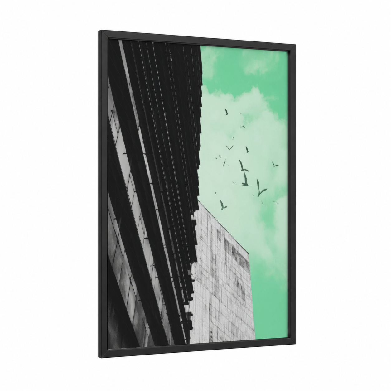 Urban Skyline Freedom framed abstract architecture print — black wood frame — light green and black and white palette