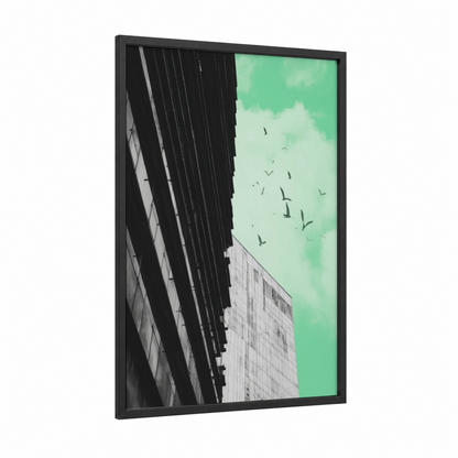 Urban Skyline Freedom framed abstract architecture print — black wood frame — light green and black and white palette
