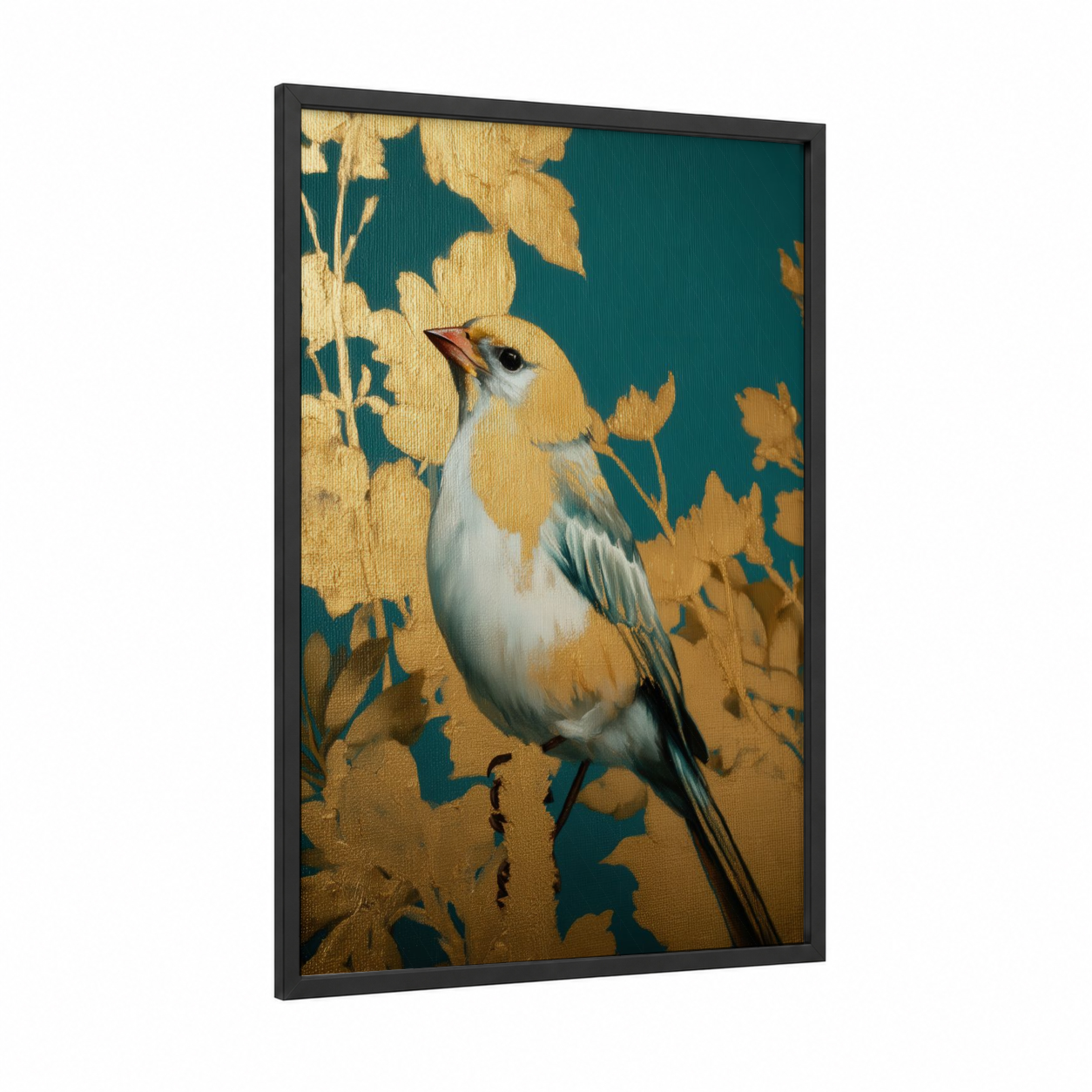 Golden Kiwi framed art print — black wood frame — gold and teal palette