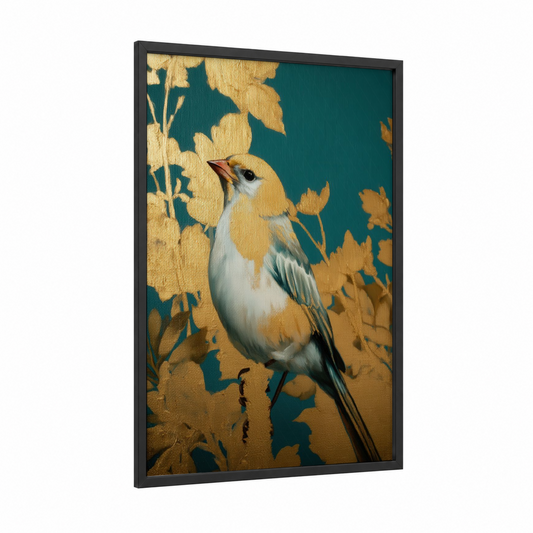 Golden Kiwi framed art print — black wood frame — gold and teal palette
