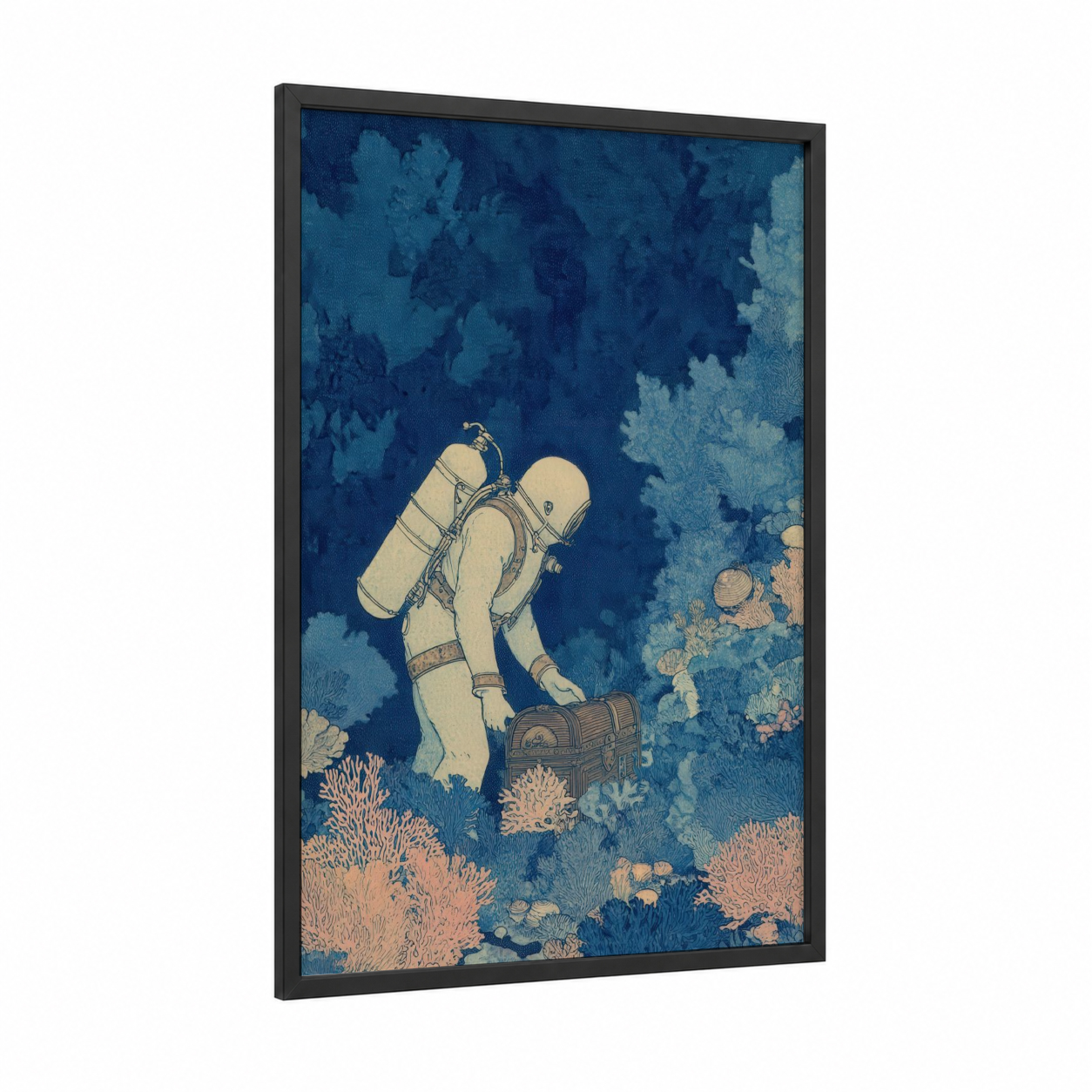 Underwater Explorer framed diving print — black wood frame — blue and salmon pink palette