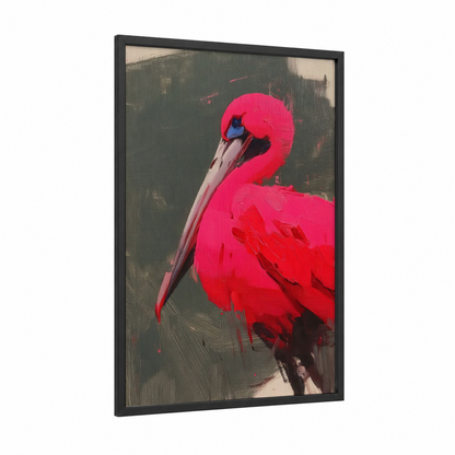Crimson Pelican framed art print — black wood frame — magenta and dove gray palette