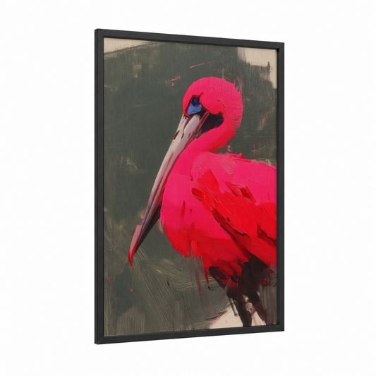 Crimson Pelican framed art print — black wood frame — magenta and dove gray palette