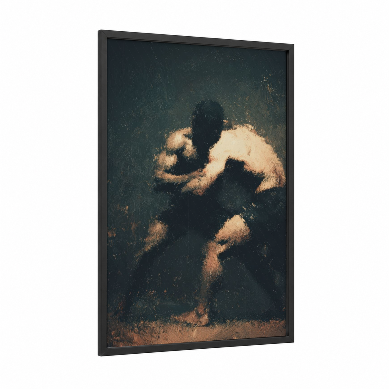 Golden Grapple framed wrestling print — black wood frame — gold and dark blue palette