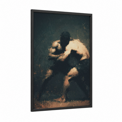 Golden Grapple framed wrestling print — black wood frame — gold and dark blue palette