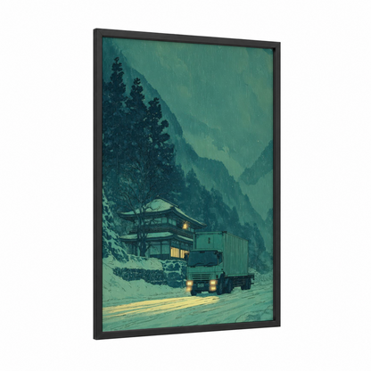 Snowy Mountain Truck framed art print — black wood frame — teal and dark green palette