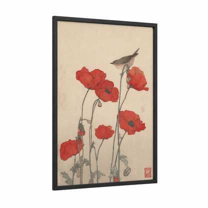 Red Poppies Bird framed art print — black wood frame — red and cream palette