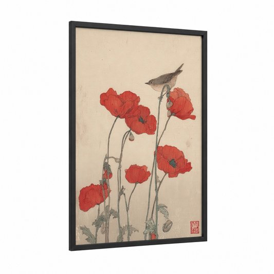 Red Poppies Bird framed art print — black wood frame — red and cream palette