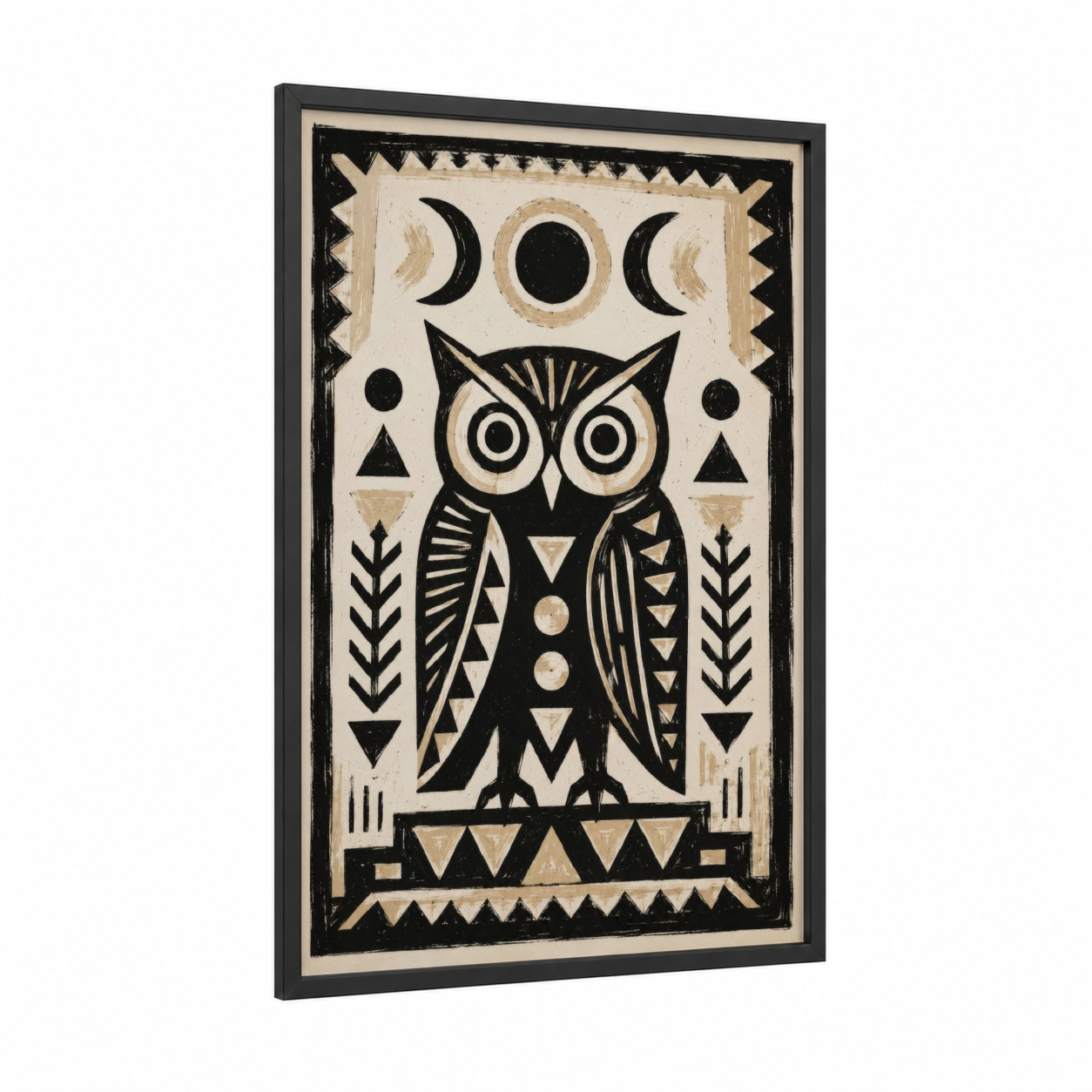 Geometric Owl Moon Phases Wall Art framed art print — black wood frame — black and white and beige palette