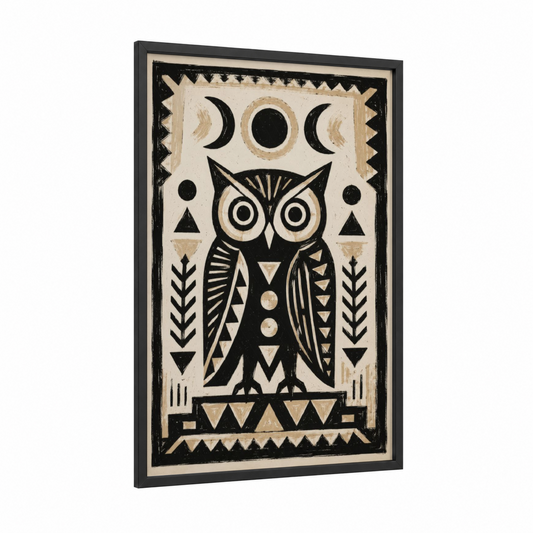 Geometric Owl Moon Phases Wall Art framed art print — black wood frame — black and white and beige palette