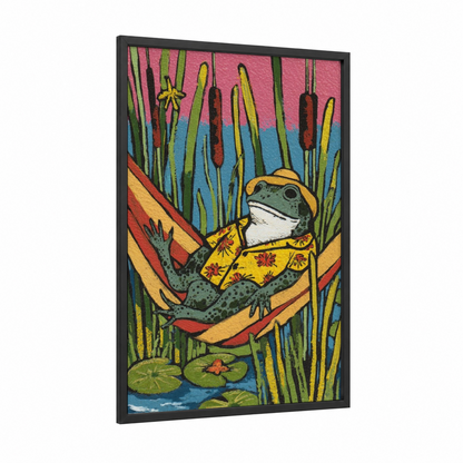 Relaxing Pond Frog framed frogs and toads print — black wood frame — pink and green palette