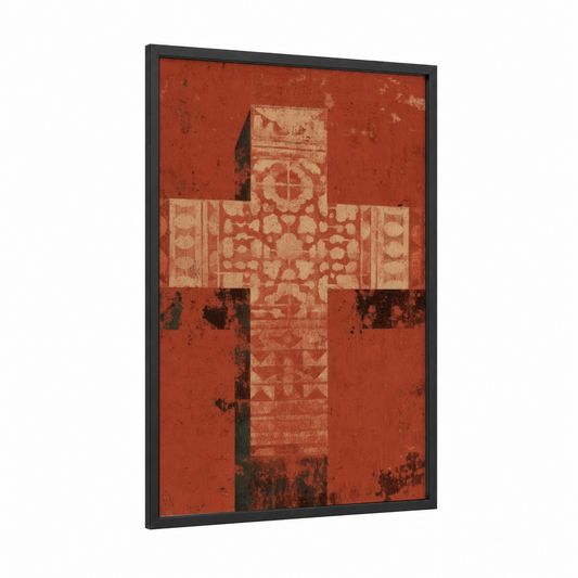 Vintage Cross framed christian symbols print — black wood frame — red and cream palette