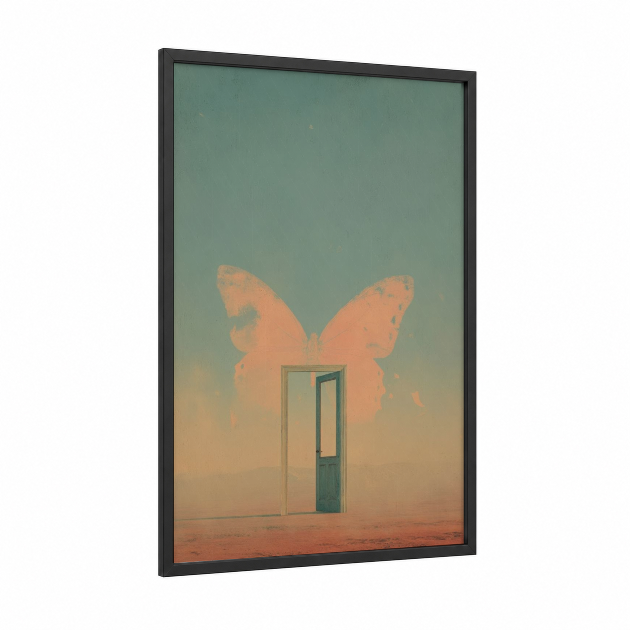 Surreal Desert Door framed art print — black wood frame — peach and sage green palette