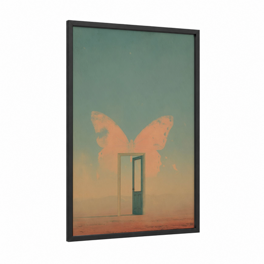 Surreal Desert Door framed art print — black wood frame — peach and sage green palette