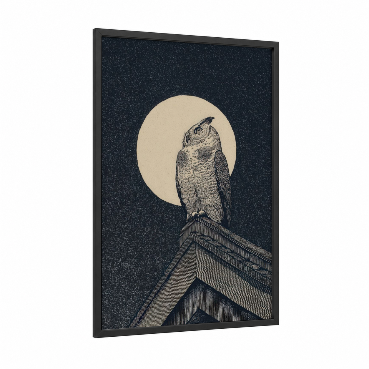 Nocturnal Guardian framed pantheon print — black wood frame — cream and black and white palette