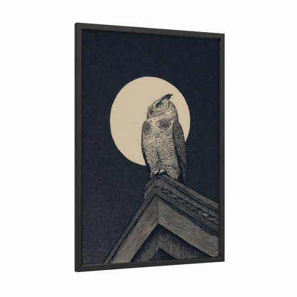 Nocturnal Guardian framed pantheon print — black wood frame — cream and black and white palette