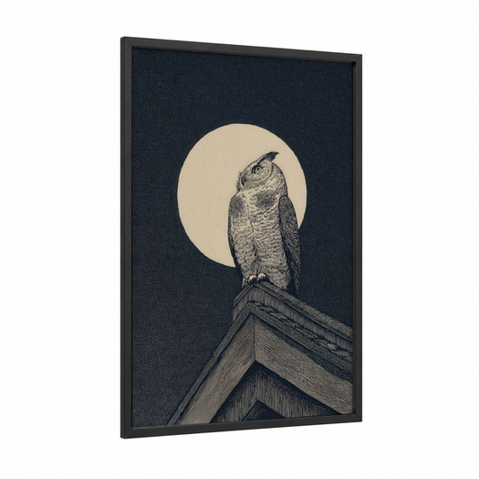 Nocturnal Guardian framed pantheon print — black wood frame — cream and black and white palette