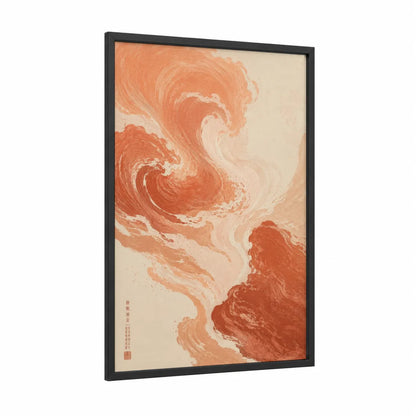 Japanese Wave Abstract Wall Art framed abstract traditional print — black wood frame — peach and cream palette