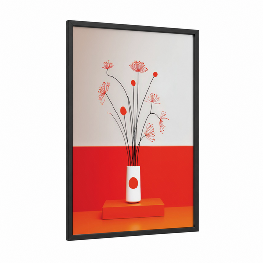 Minimalist Red Blooms framed abstract flower print — black wood frame — red and white palette
