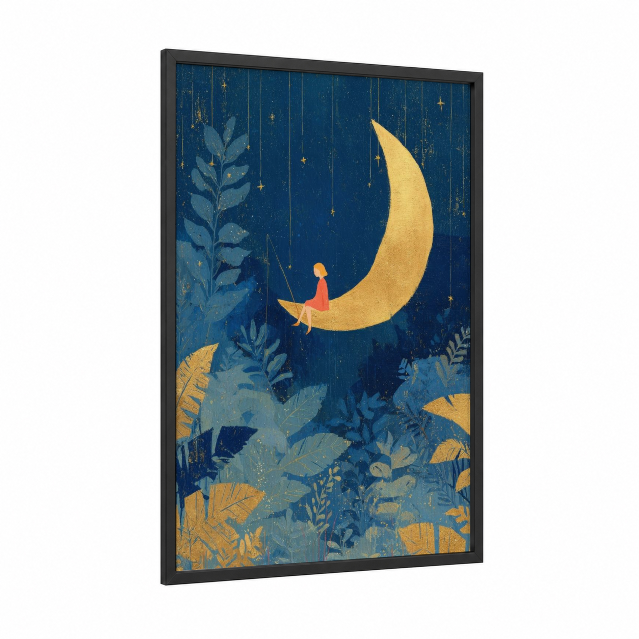 Moonlit Dreams framed art for girl print — black wood frame — dark blue and yellow gold palette