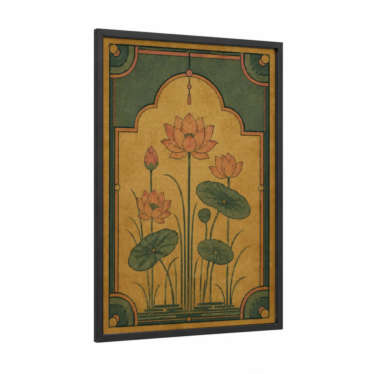 Art Deco Lotus Botanical Wall Art framed art print — black wood frame — gold and dark green palette