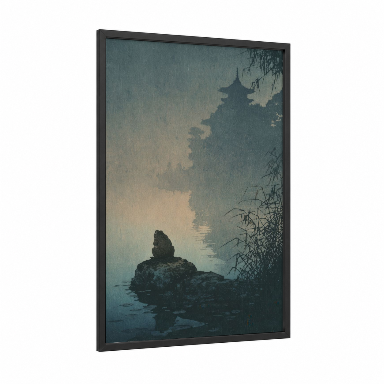 Misty Frog Meditation framed frogs and toads print — black wood frame — sage green and dove gray palette