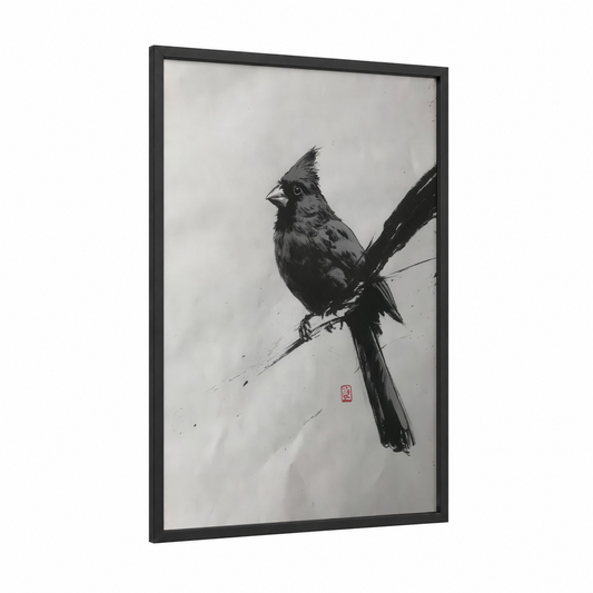Perched Cardinal framed art print — black wood frame — black and white palette