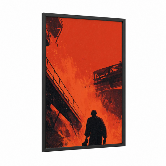 Industrial Worker framed labor day print — black wood frame — red and black palette