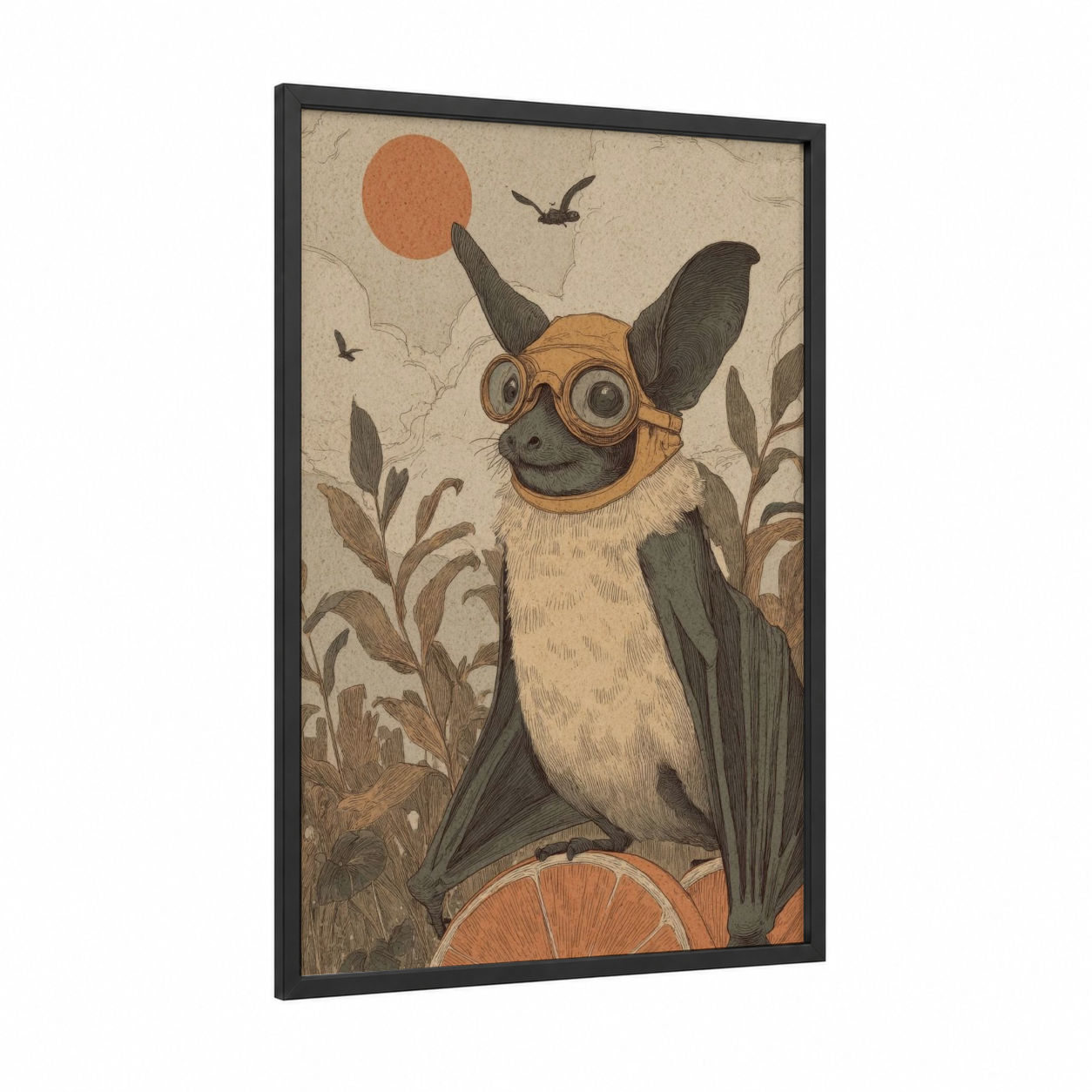 Adventurer Bat framed art print — black wood frame — beige palette