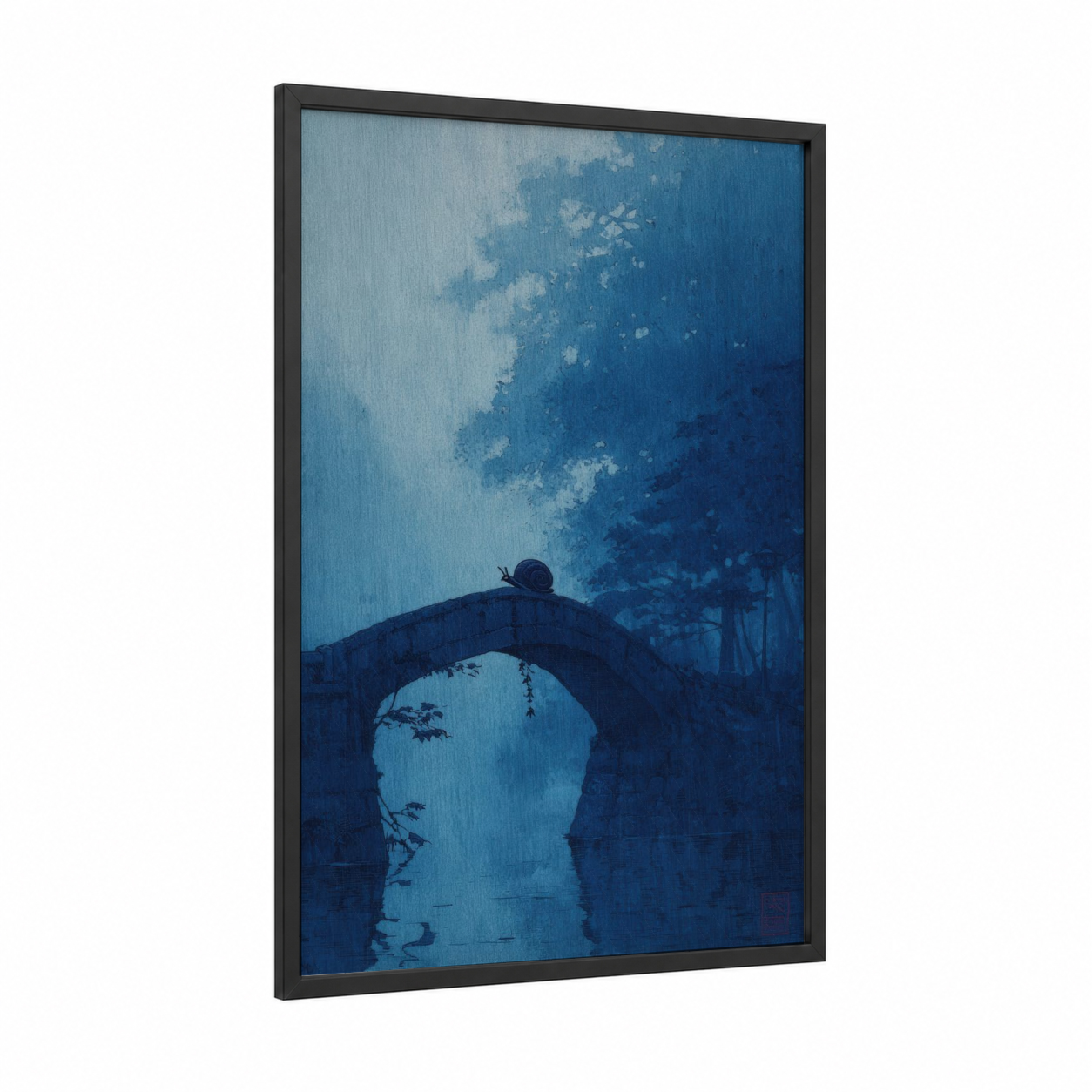 Solitary Snail framed art print — black wood frame — blue and gray palette