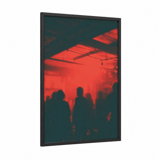Neon Concert Crowd framed rock'n roll print — black wood frame — red and black and blue palette