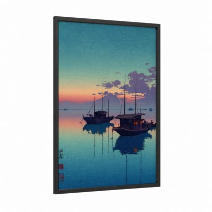 Tranquil Harbor Sunset framed old ships print — black wood frame — teal and gold palette