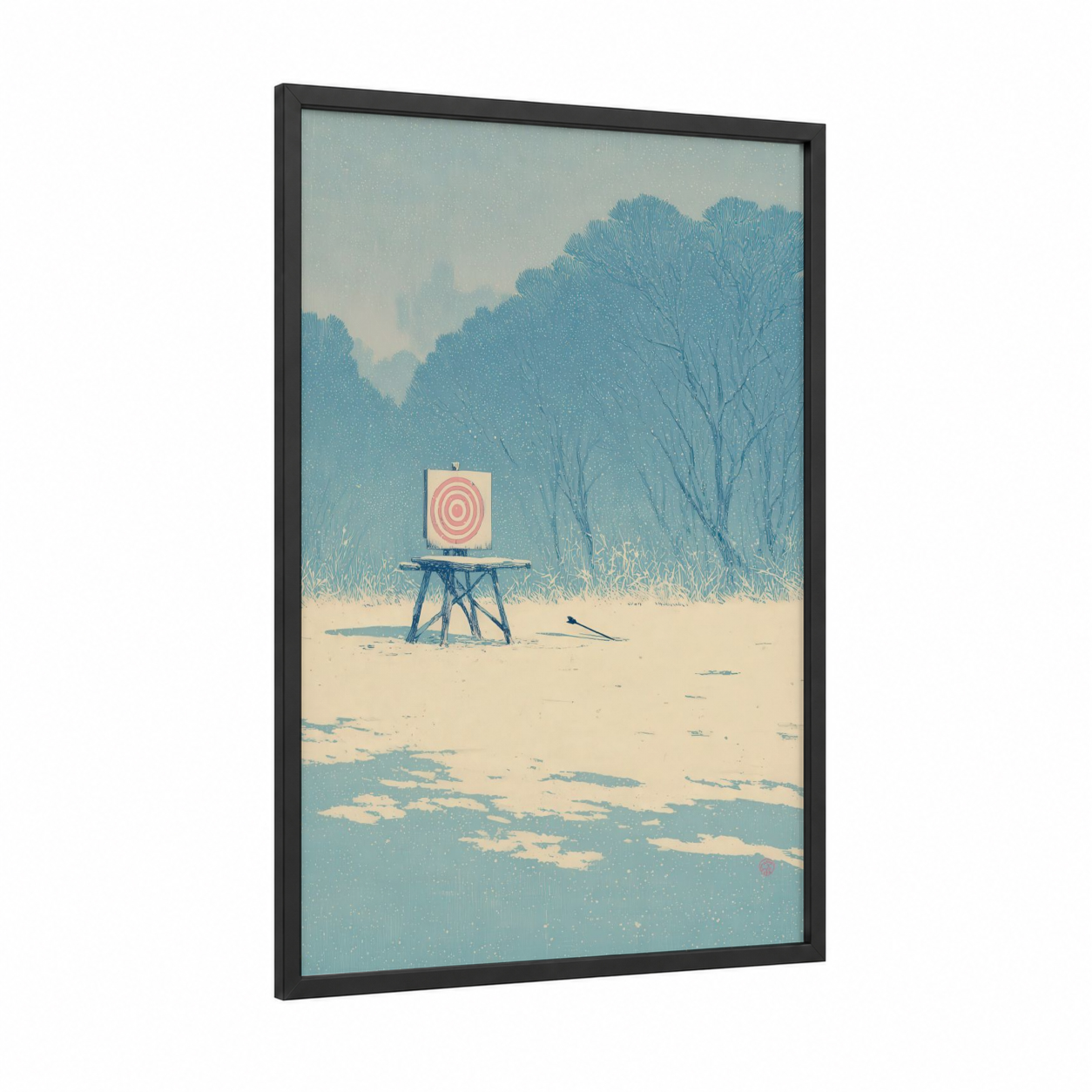 Winter Archery Target framed art print — black wood frame — blue and white and peach palette