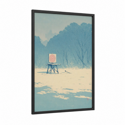 Winter Archery Target framed art print — black wood frame — blue and white and peach palette